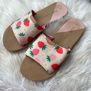 TOMs Tan and Pink Strawberry Pattern Slip on Sandals